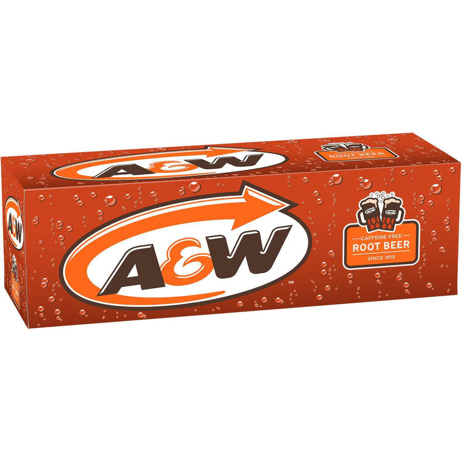 Front of A&W Root Beer case showing the logo with orange and brown design, caffeine-free label, and pack size of 12 cans (355ml each).