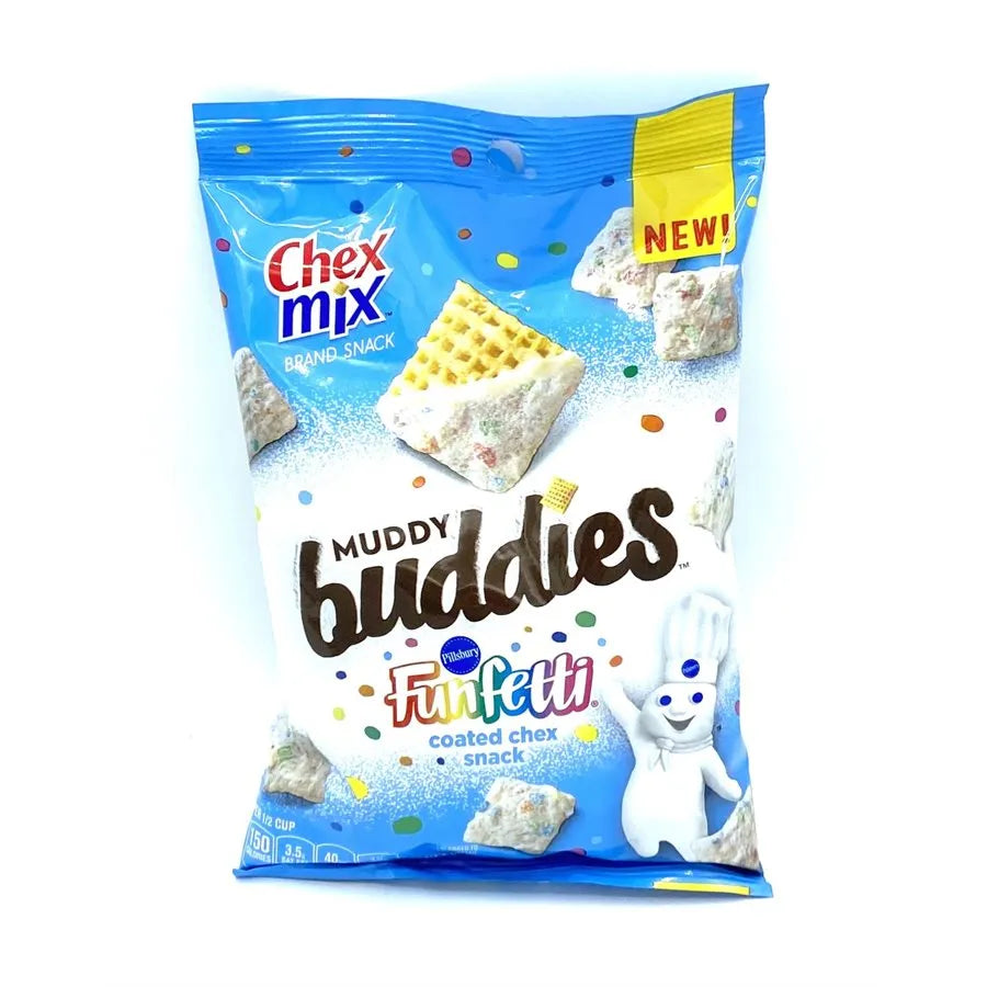 Front of Chex Mix Muddy Buddies Funfetti bag showing the blue and white design, funfetti sprinkles, and 120g pack size.