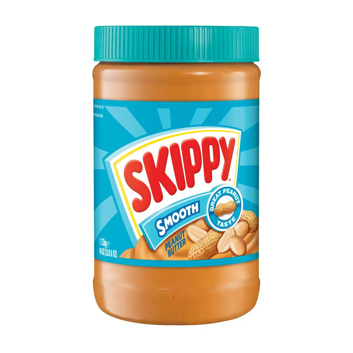Front of Skippy Smooth Peanut Butter jar showing blue label, brand logo, creamy peanut butter texture, and 1.13kg size.