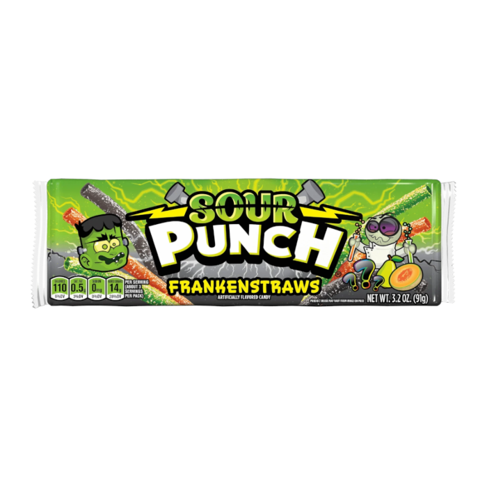 Front of Sour Punch Frankenstraws packaging showing green logo, monster graphics, and bright coloured sour straws (91g pack)