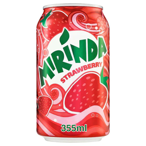 Front of Mirinda Strawberry can showcasing vibrant red design, bold logo, and strawberries with 330ml label