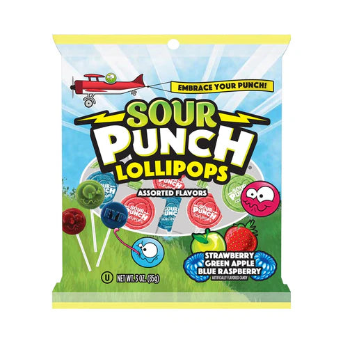 Front of Sour Punch Assorted Lollipops pack showing bright logo, assorted flavours, and colourful lollipops (85g)