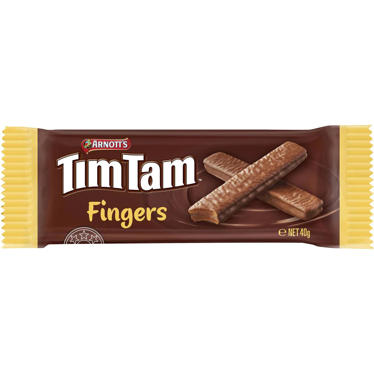 Front of Arnotts Tim Tam Fingers packaging showcasing the brand logo, chocolatey biscuit design, and 40g size.