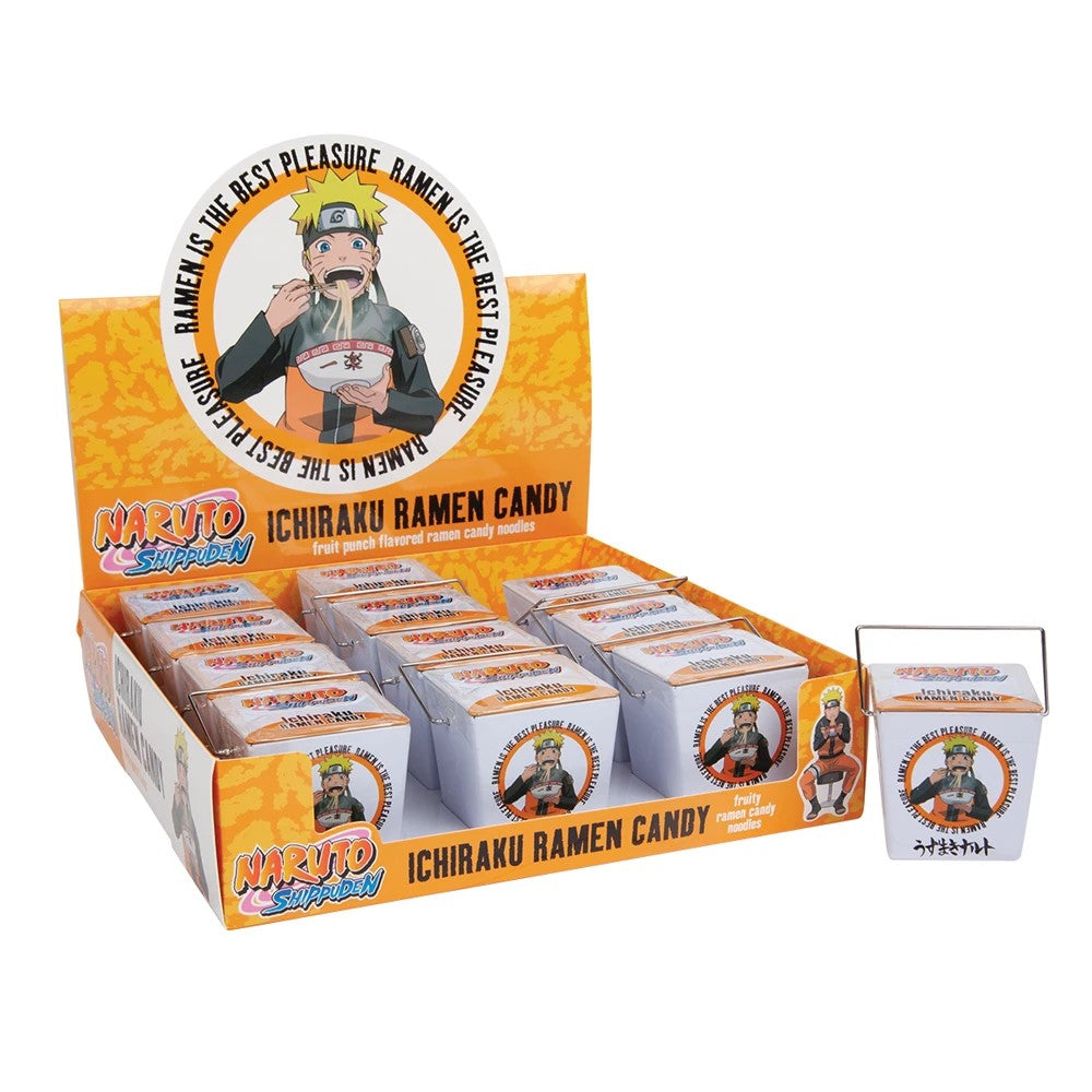 Front of Naruto Ichiraku Ramen Candy packaging showing colourful fruit punch flavour label and image of Naruto holding a bowl of ramen (30g pack)