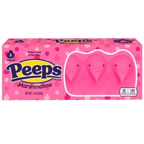 Front of Peeps Pink Chicks packaging showing brand logo, pink marshmallow chicks, and 42g pack size.