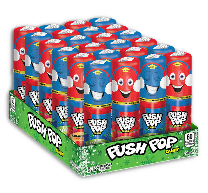Front of Topps Christmas Push Pop showing vibrant holiday-themed design, sweet flavour label, and 14g size.