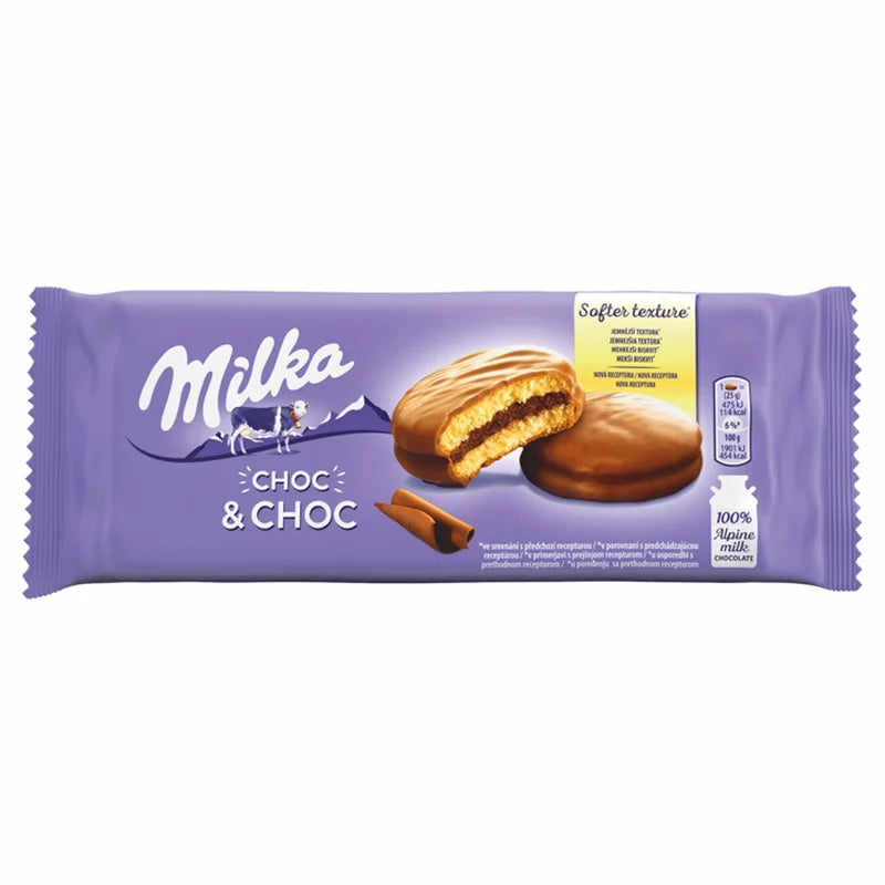 Front of Milka Choc & Choc package featuring purple design, logo, chocolate biscuits, and creamy filling (150g pack)