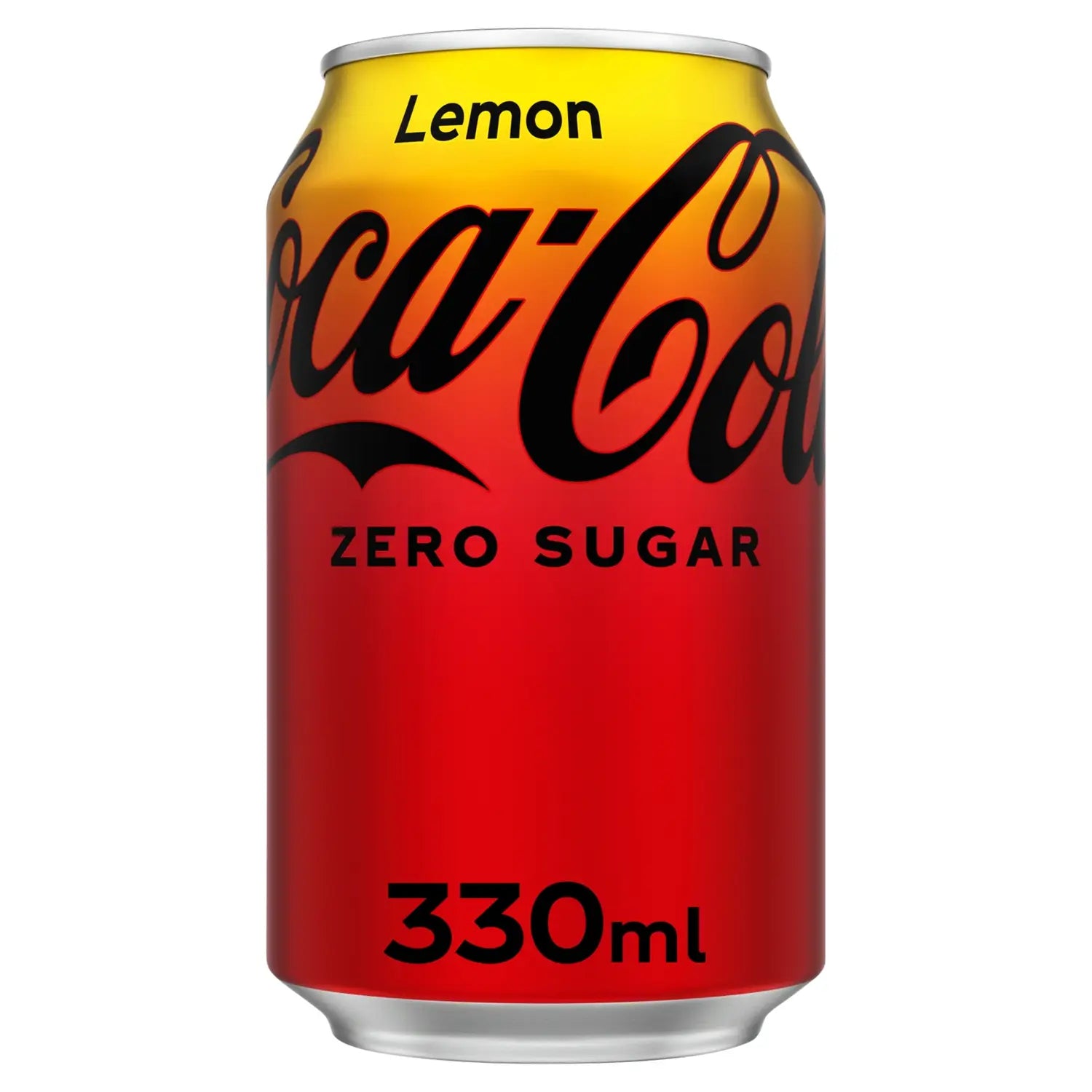 Front of Coca Cola Lemon Zero Sugar can showing bold logo, lemon flavour label, and pack size information (330ml)