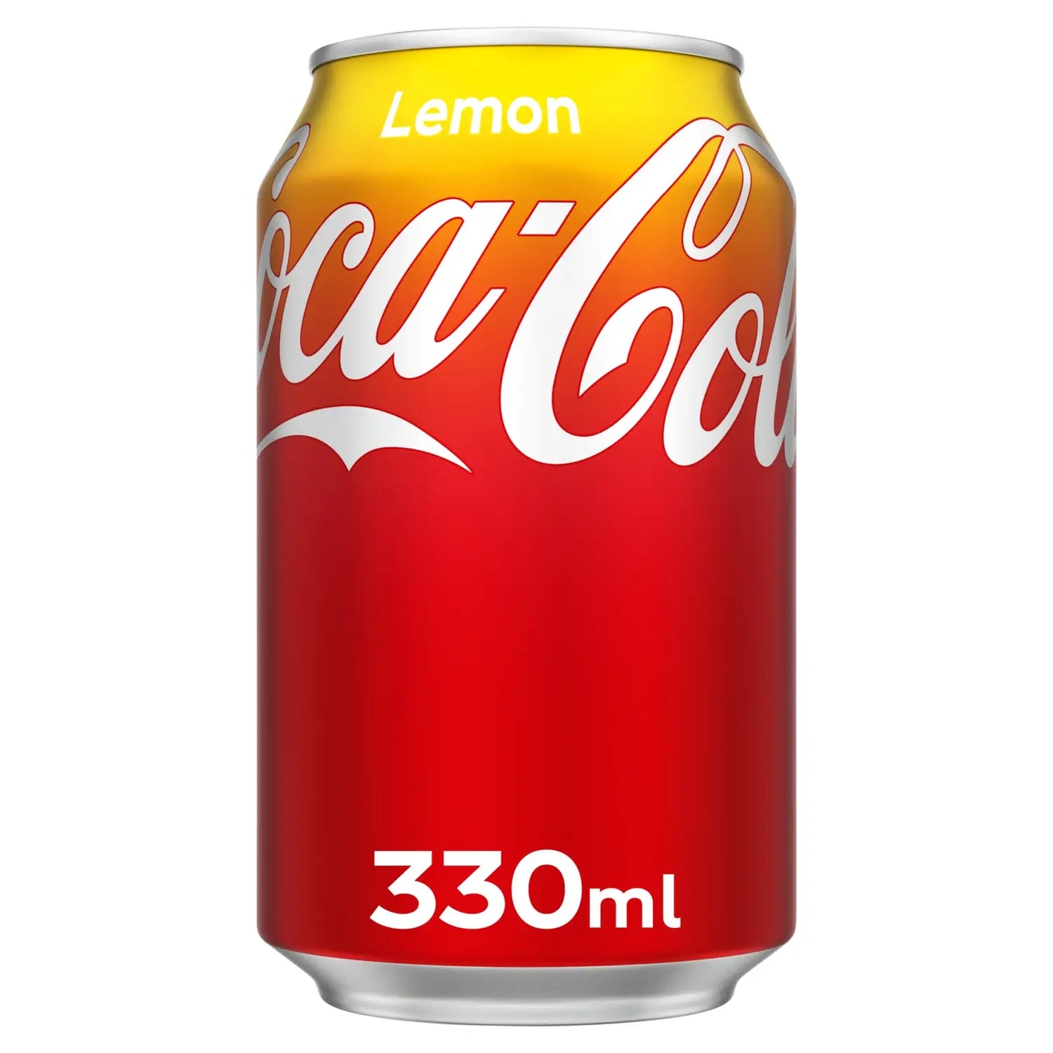 Front of Coca Cola Lemon can featuring bold red and yellow design, Coca Cola logo, lemon flavour text, and 330ml pack size.
