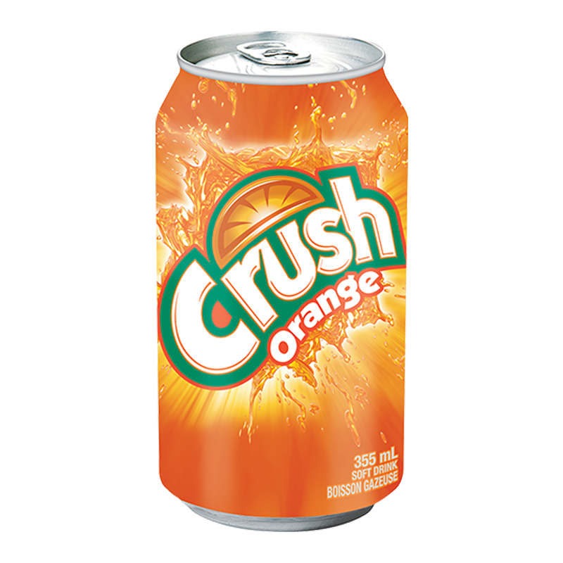 Front of Crush Orange Soda can featuring vibrant orange design, brand logo, and orange flavour label (355ml pack)