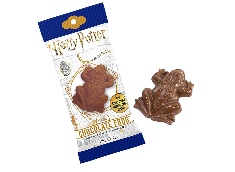 Front of Harry Potter Chocolate Frog packaging showing the chocolate frog design, brand logo, and details of milk chocolate with crisped rice (15g pack)