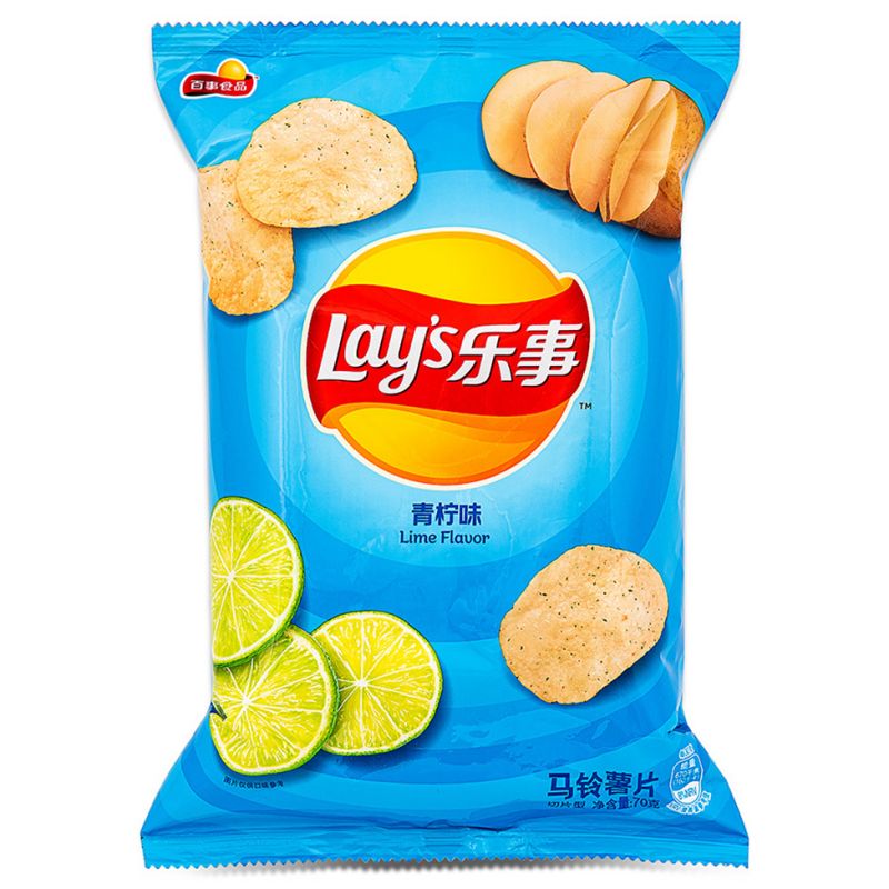 Front of Lay's Lime (China) bag showing vibrant blue packaging, lime flavour label, and images of lime slices (70g pack)