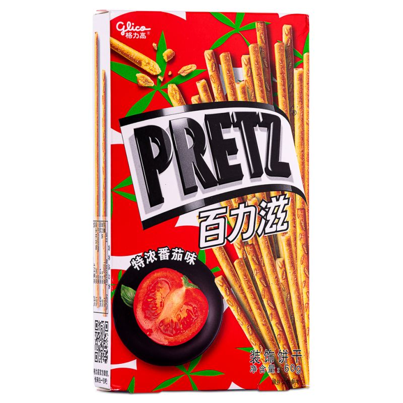 Front of Glico Pretz Thick Tomato pack showing logo, tomato flavour label, and image of pretzel sticks (60g pack)