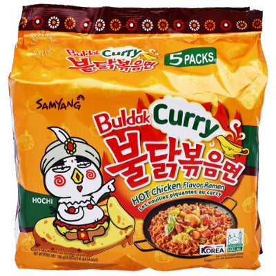 Front of Samyang Buldak Curry Hot Chicken Flavour Ramen Noodles package showing bold colourful branding, curry flavour, and image of noodles (145g, 5 pack)