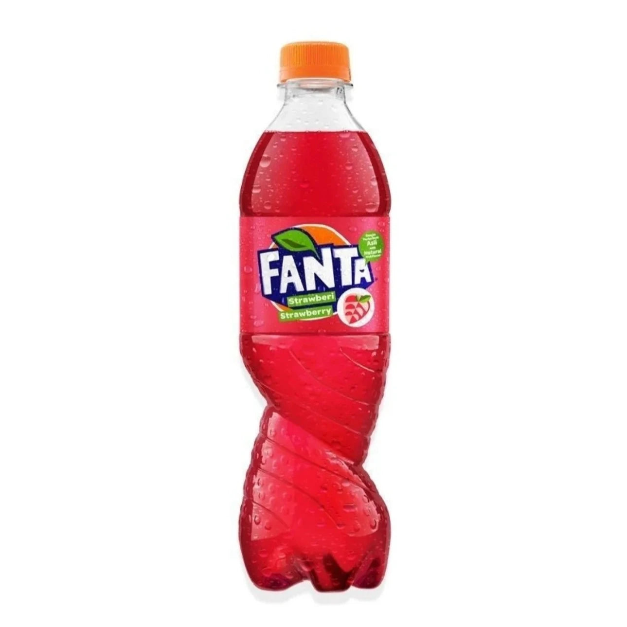 Front of a Fanta Strawberry bottle displaying logo, vibrant strawberry colour, and 500ml size label.