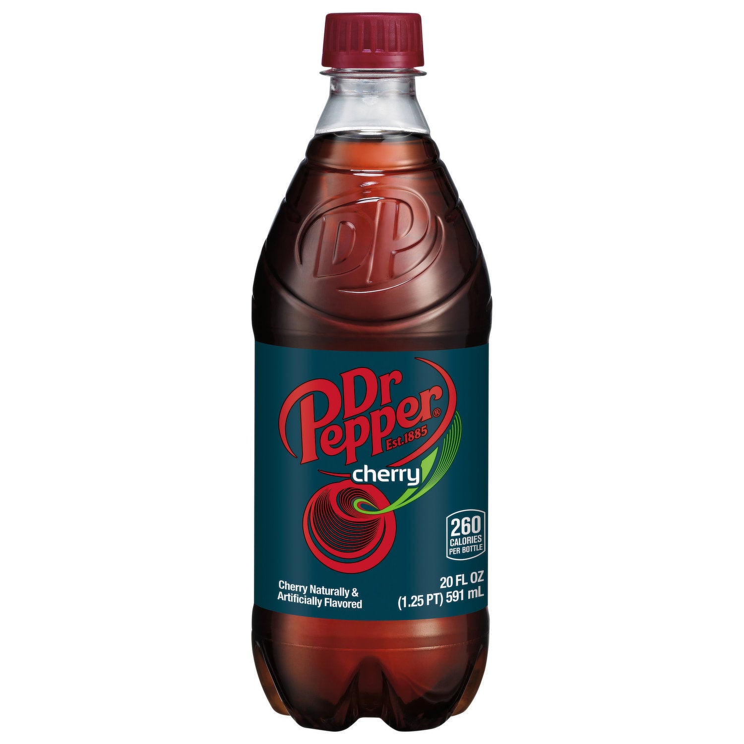 Front of Dr Pepper Cherry USA bottle featuring the logo, cherry flavour label, and 591ml size descriptor.