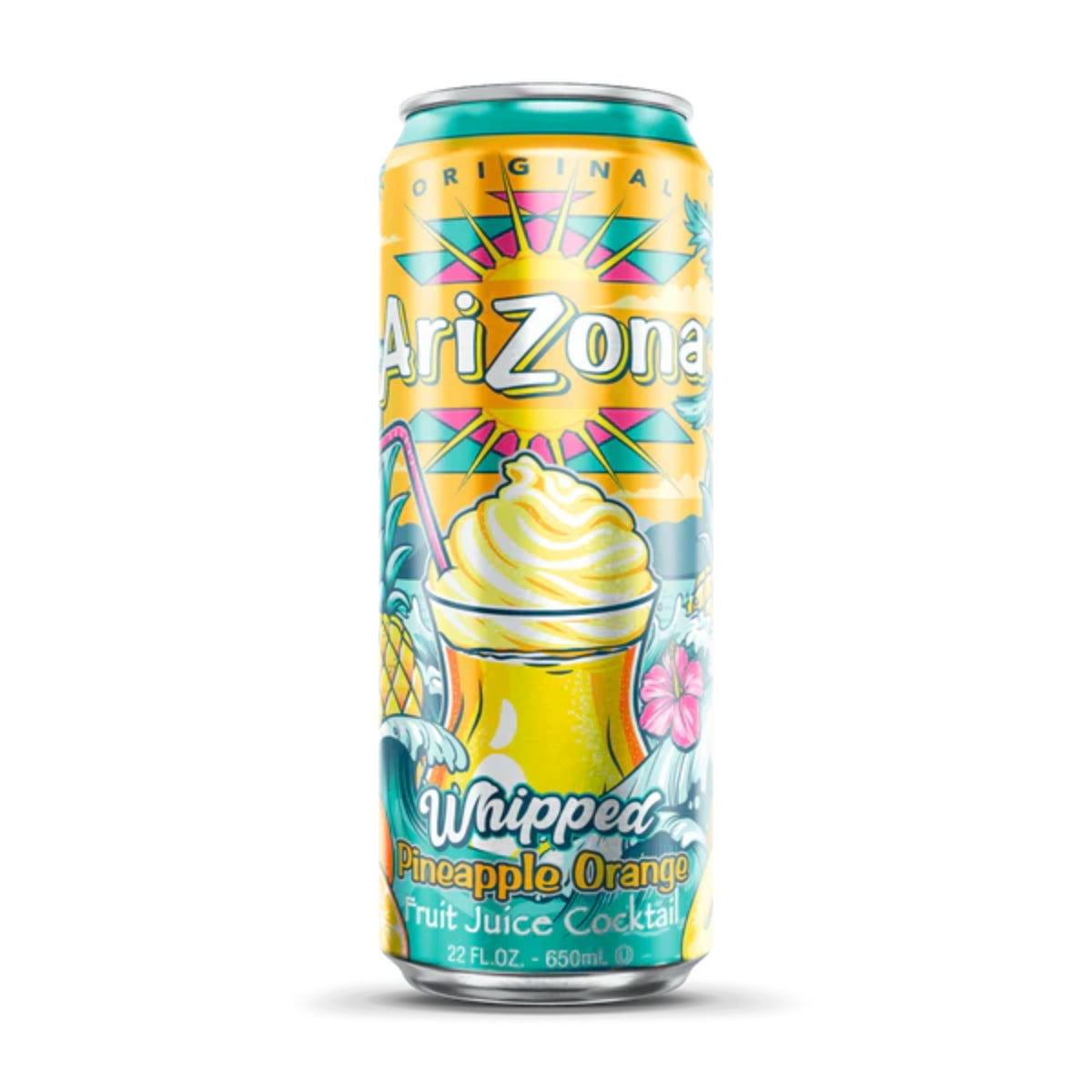 Front of Arizona Whipped Pineapple Orange can showing colourful tropical design, logo, and fruit juice cocktail details (650ml)
