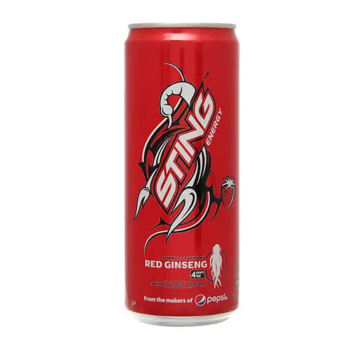 Front of Sting Energy Red Ginseng can showing striking red design with logo, red ginseng mention and 320ml size.