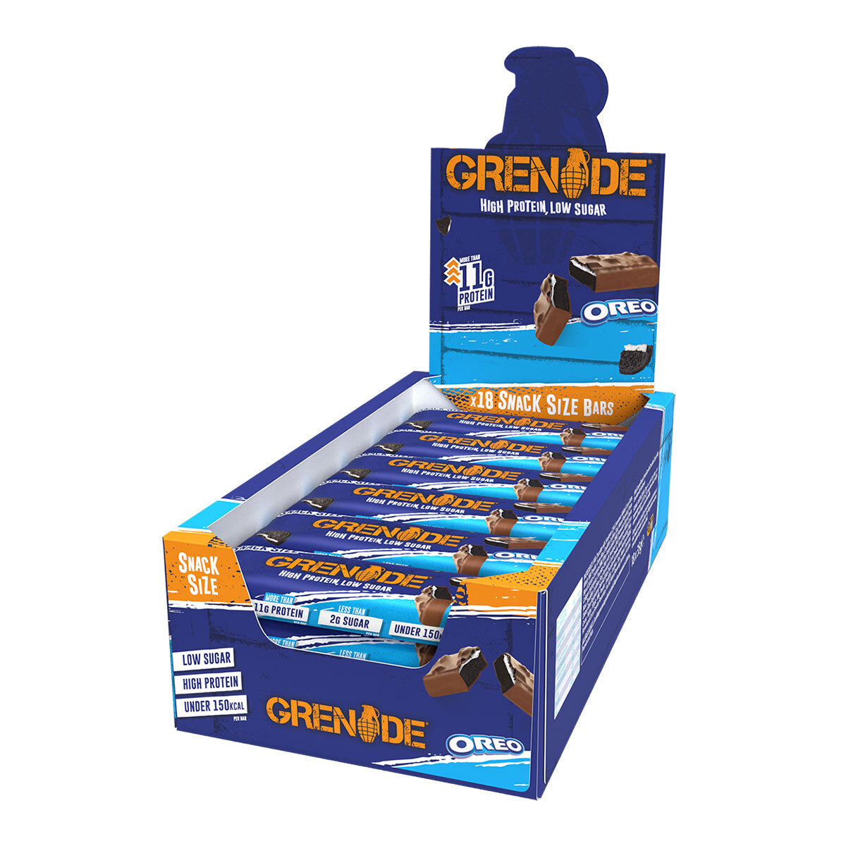 Front of Oreo Grenade Bar box showing high protein and low sugar claims, with an image of the bars and Oreo flavour name, in an 18 pack (35g each)