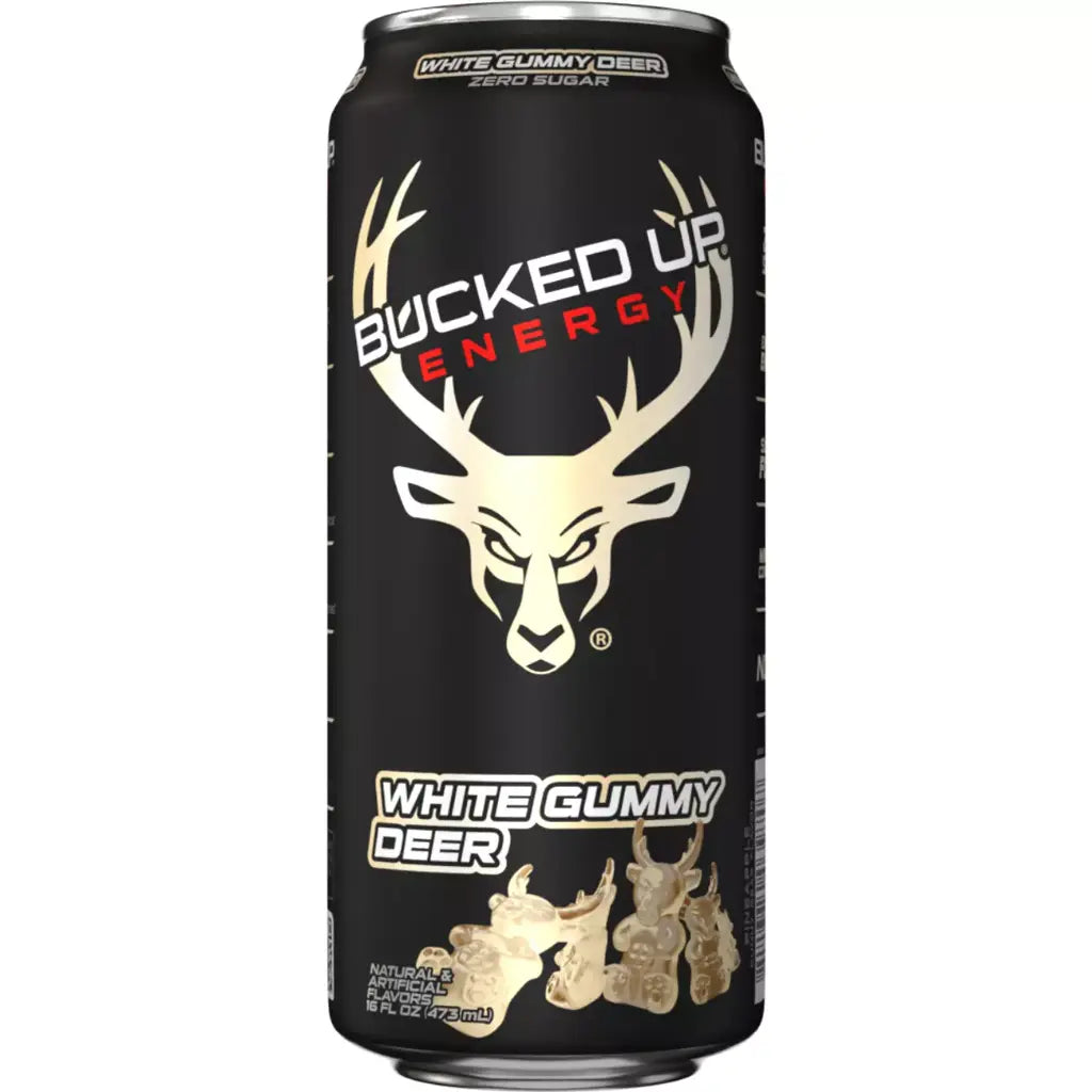 Front of a Bucked Up Energy can showing white gummy deer flavour, brand logo, and 473ml volume