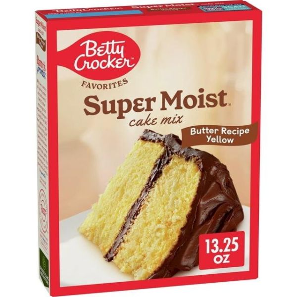Front of Betty Crocker Butter Recipe Yellow Cake Mix box showing the brand logo, cake mix name, and a slice of cake with chocolate frosting (375g pack)