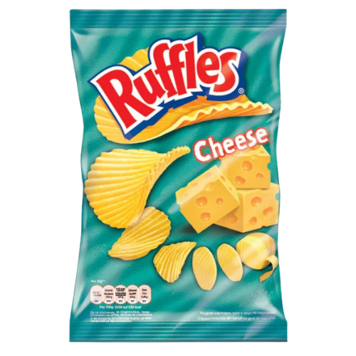 Front label of Ruffles Cheese (140g), displaying flavour and branding.
