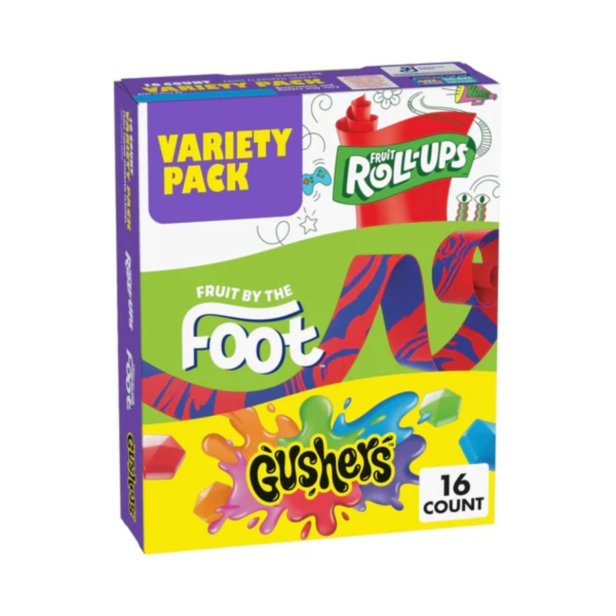 Front of Betty Crocker Fruit Snacks Variety Pack (288g) box showing bright packaging and variety of fruit snack types.