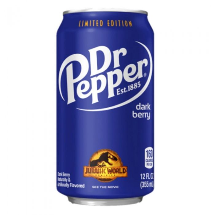 Front of a Dr Pepper Dark Berry can featuring the logo, dark berry flavour label, and pack size of 355ml