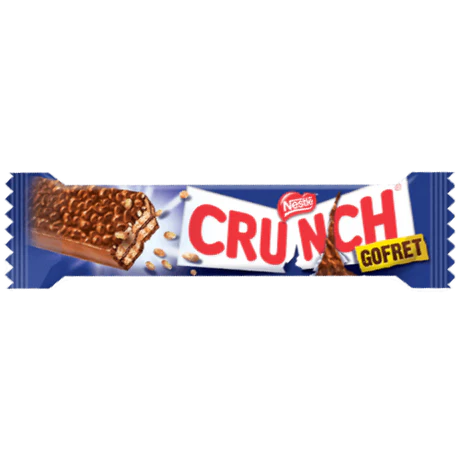 Front of Nestle Crunch Wafer Chocolate bar showing the brand logo, wafer chocolate, and 30g pack size.