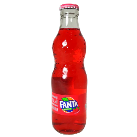 Front of Fanta Strawberry Glass Bottle showing red label with logo, strawberry flavour details, and 250ml size.