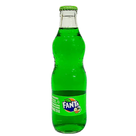 Front of Fanta Fruit Punch Glass Bottle (250ml) showing vibrant label with colourful fruit graphics and the Fanta logo.
