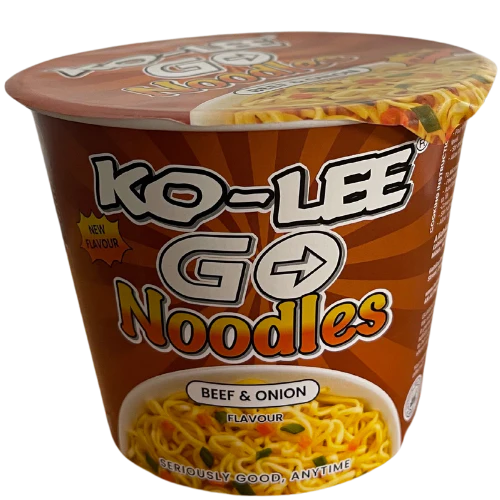 Front of Ko-Lee Go Noodles Cup showing orange and white packaging with beef and onion flavour label, featuring a bowl of noodles (65g cup)