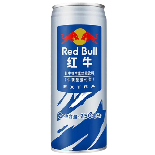 Front of Red Bull Blue Extra Energy Drink can showing Red Bull logo, vibrant blue design, and 250ml quantity