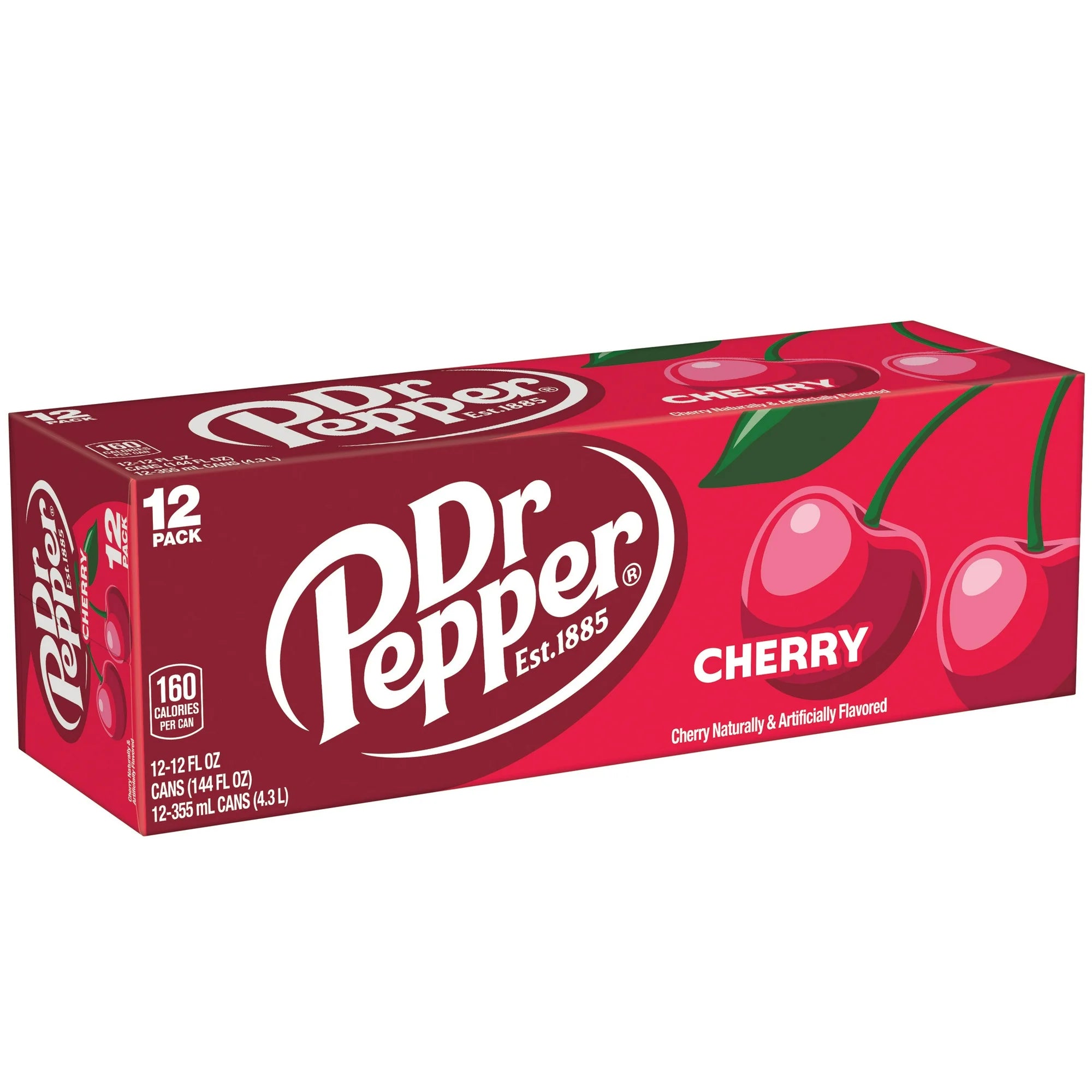 Box of Dr Pepper Cherry soda with cherries and green leaves on a white background