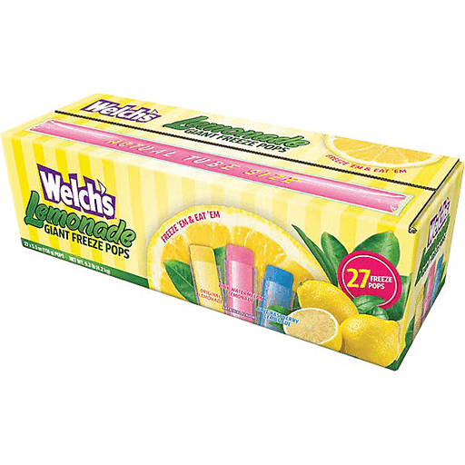Front of Welch’s Lemonade Giant Freeze Pops box showing logo, bright yellow design, and 27 freeze pops in various colours.