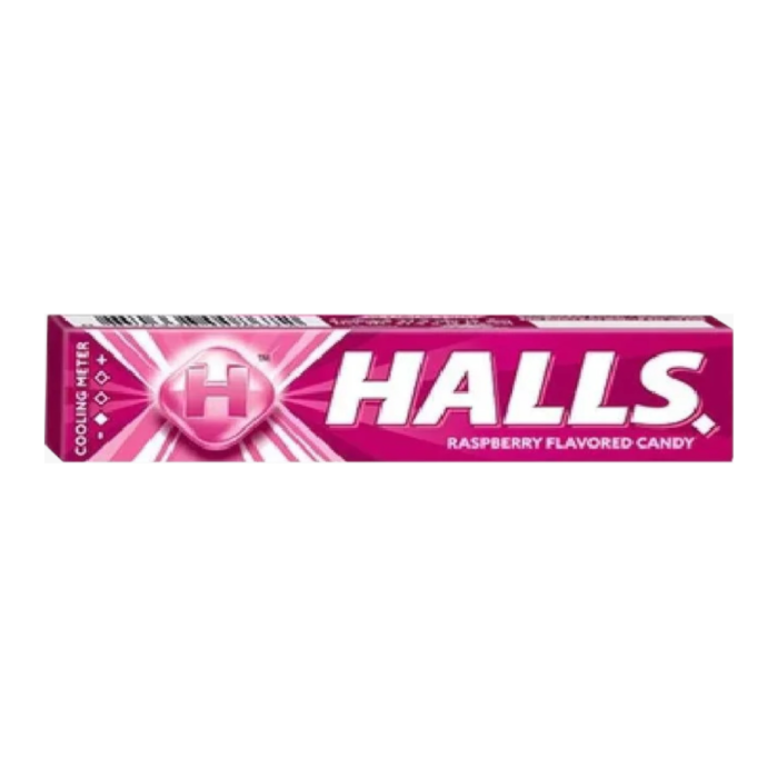 Front of HALLS Fresh Candy Roll Raspberry showing logo and raspberry flavour details (33g pack)