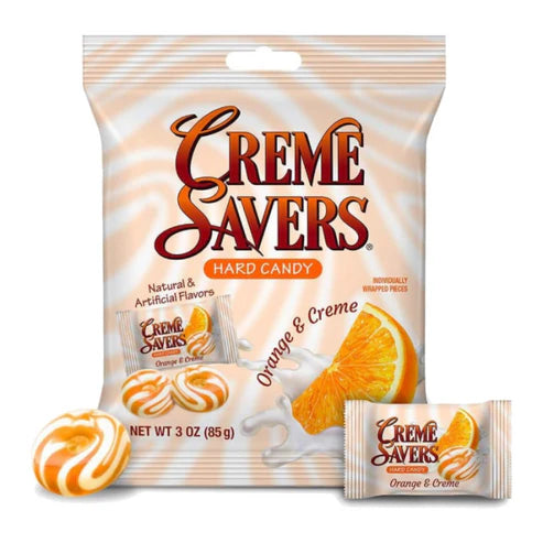 Front of Creme Savers Hard Candy bag showing orange and cream flavour, brand logo, and 85g pack size