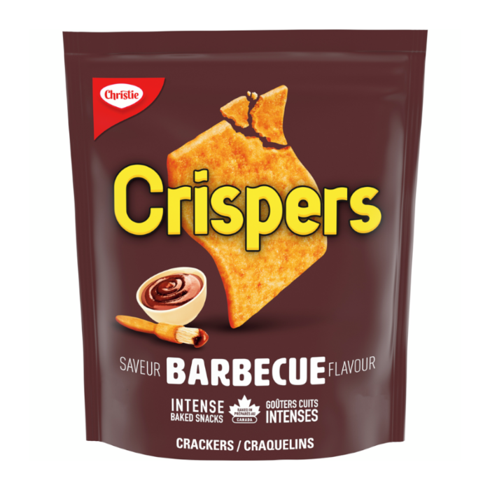 Front of Crispers BBQ Crackers bag showing bold yellow logo, BBQ flavour label, and image of crackers (145g pack)