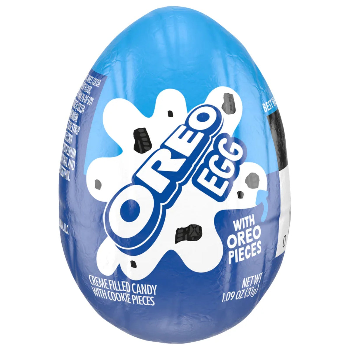 Front of an Oreo Easter Egg showing blue packaging with the logo and Oreo pieces, 31g size