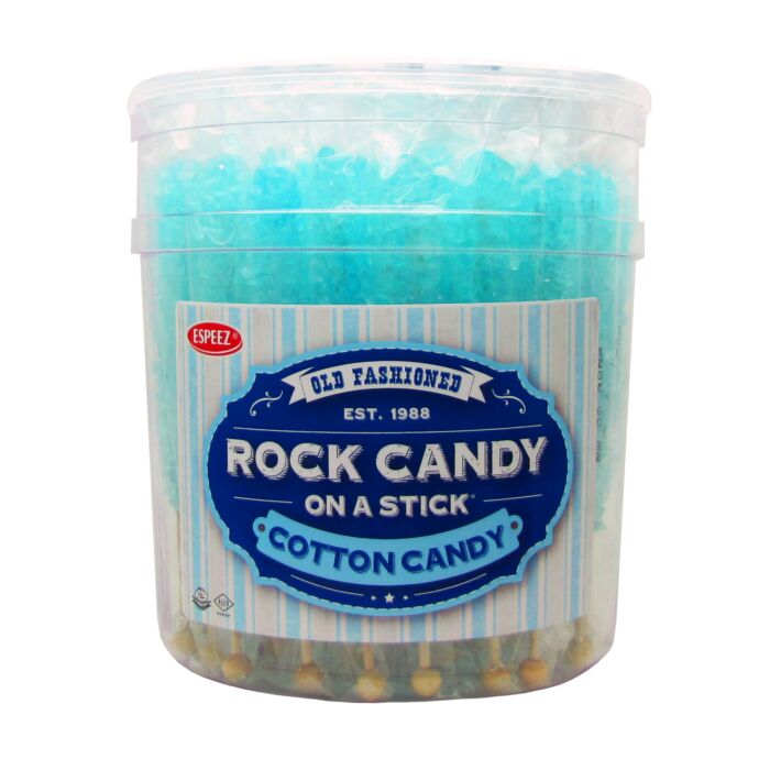 Front of Espeez Rock Candy on a Stick Cotton Candy container displaying the logo and vibrant cotton candy (23g pack)
