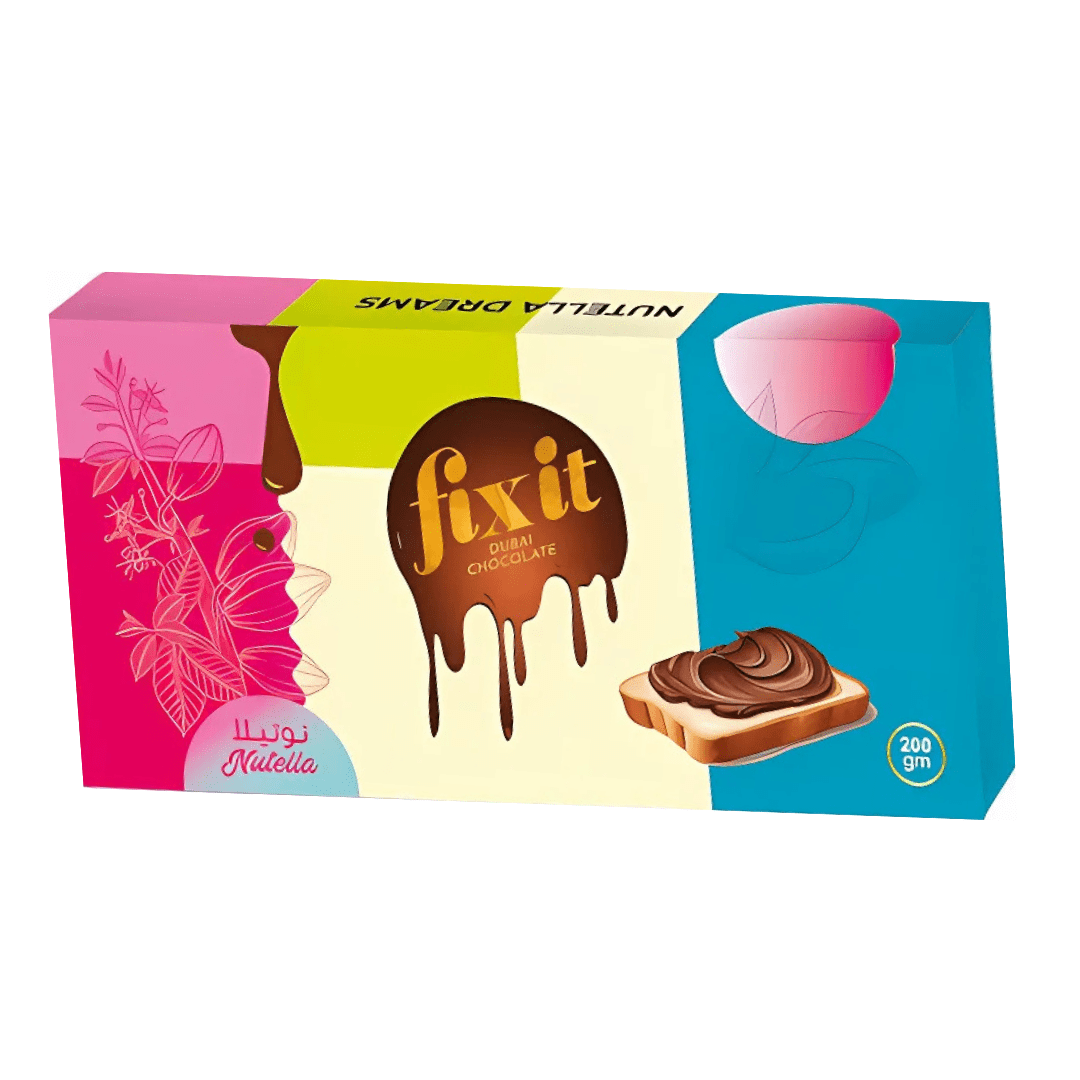 Front of Fix It Dubai Chocolate Nutella packaging showing vibrant design, Nutella logo, and a serving suggestion on bread (200g pack)