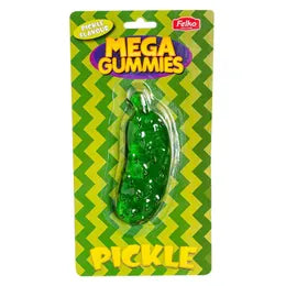 Front of Mega Gummies Pickle pack showing bold yellow logo, green pickle-shaped gummy, and zigzag patterned background (120g pack)