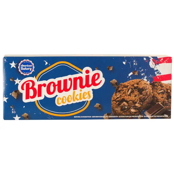 Front of American Bakery Brownie Cookies box featuring rich chocolate cookies with chocolate chunks, logo, and 106g pack size.