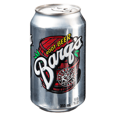 Front of Barq's Root Beer can featuring the bold logo, vibrant design, and classic red and silver theme (355ml pack)