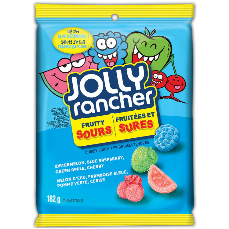 Front of Jolly Rancher Fruity Sours bag showing the logo, vibrant fruity candy pieces, and flavours: watermelon, blue raspberry, green apple, cherry (182g pack)