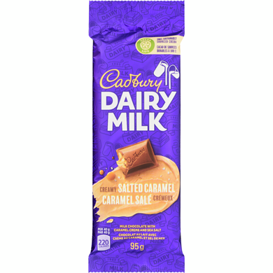 Front of Cadbury's Dairy Milk Salted Caramel bar showing the purple packaging, logo, and salted caramel flavour details (95g pack)