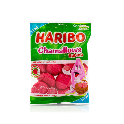 Front of Haribo Chamallows Rubino package showcasing the pink marshmallow shape, brand logo, and 175g pack size