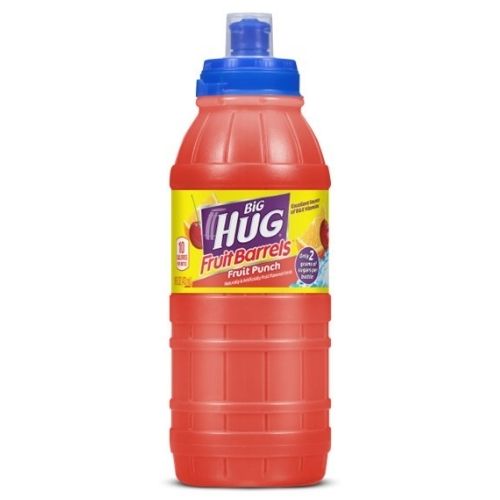 Front of Big Hug Fruit Barrel Fruit Punch bottle showing logo, vibrant red drink, and fruit punch flavour label (454ml)