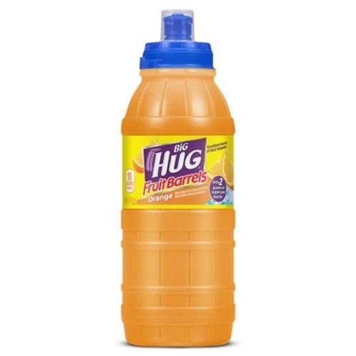 Front of Big Hug Fruit Barrel Orange bottle showing bright orange drink with Big Hug logo and fruity design (454ml pack)