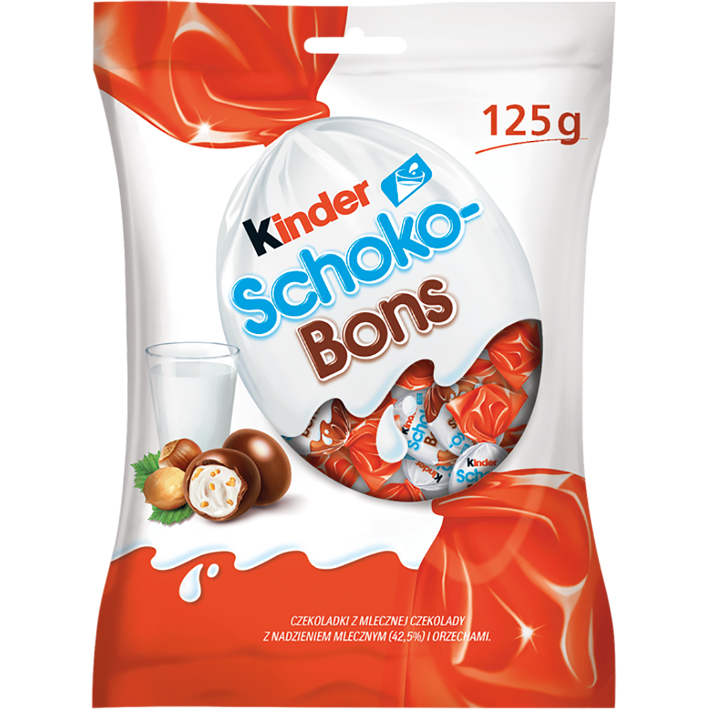 Front of Kinder Schoko Bons bag featuring vibrant logo, chocolate treats, and text indicating 125g pack size.